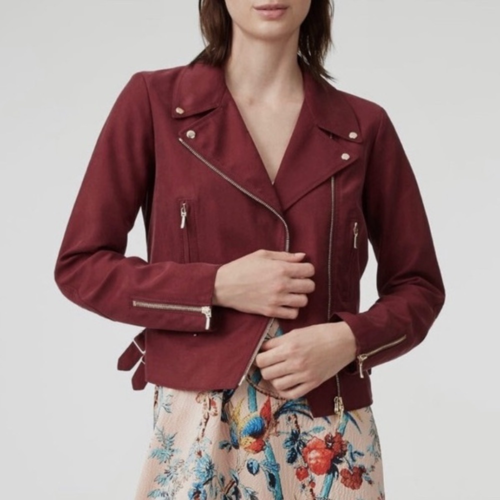 NWT Club Monaco| Stunning Moto Jacket. Burgundy with gold accents. Medium. J70